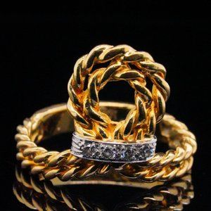 Merrin Vintage Rare Love Knot Rope Solid 18K Yellow Gold 0.10ctw Diamond Ring